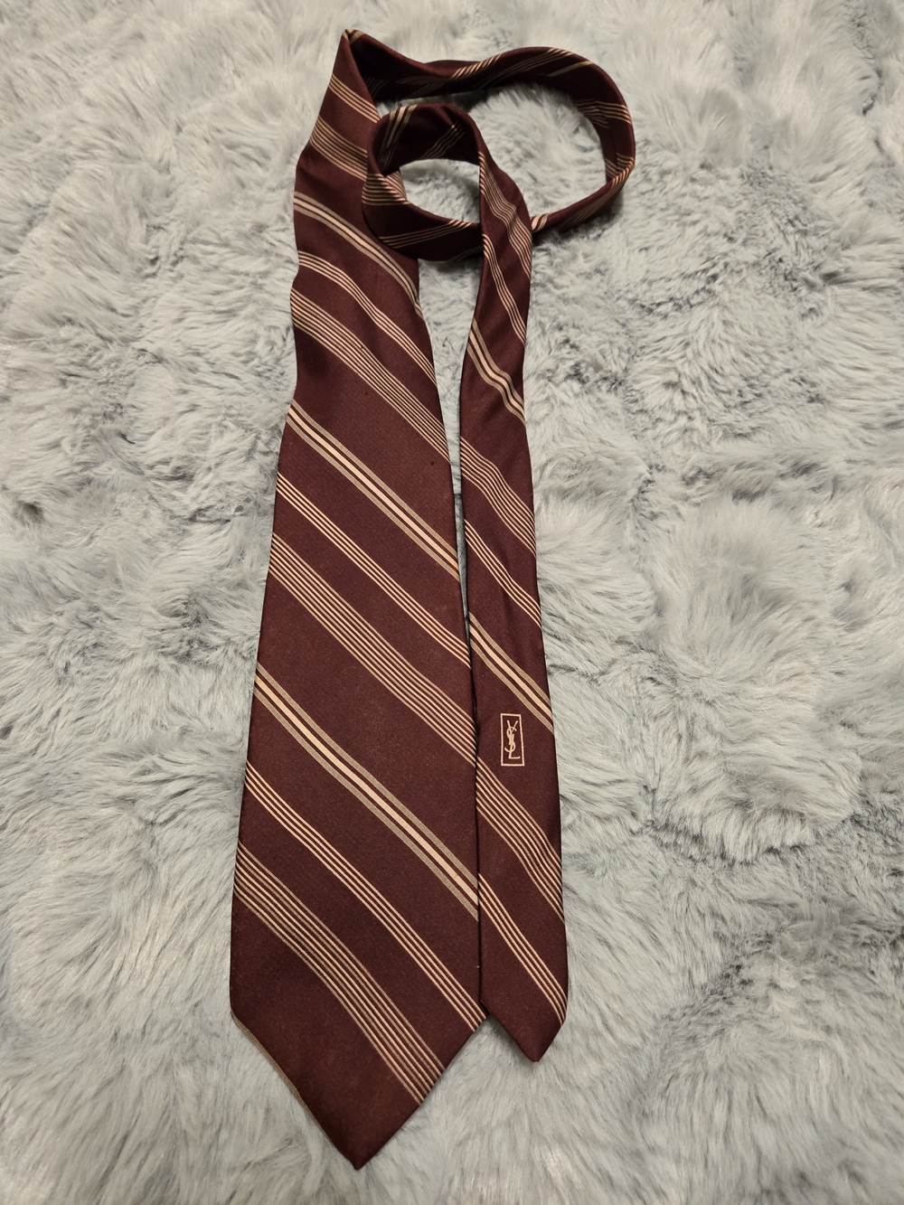 Vintage Yves Saint Laurent Silk Tie Embroidered Logo Burgundy Gold Stripe